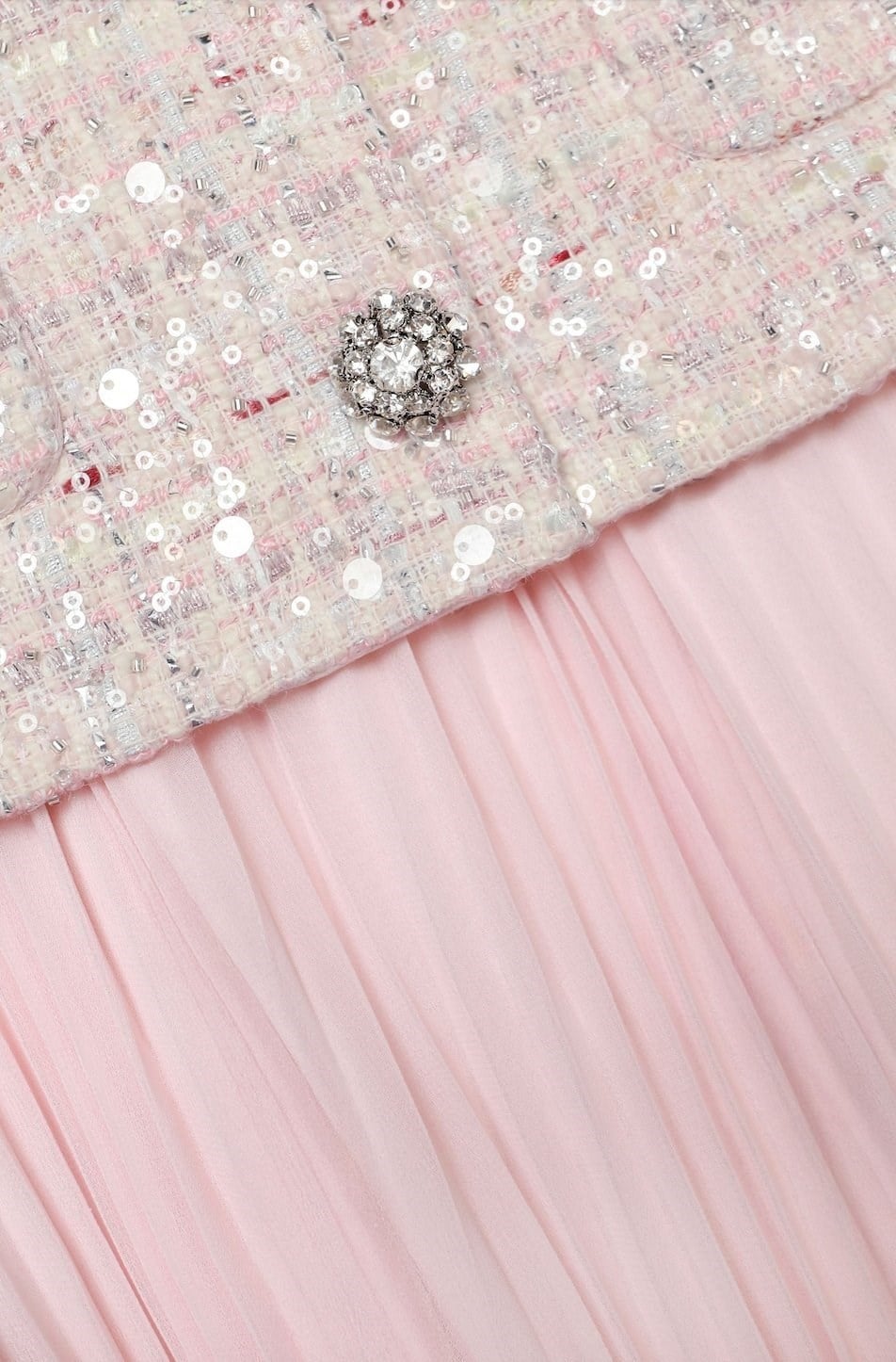 Lüks Pembe Chanel Tarzı Tvit Kumaş Şifon Pileli Tasarım Elbise