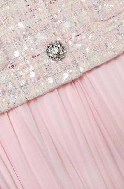 Lüks Pembe Chanel Tarzı Tvit Kumaş Şifon Pileli Tasarım Elbise