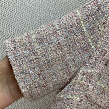Lüks Pembe Chanel Tarzı Tvit Kumaş Şifon Pileli Tasarım Elbise